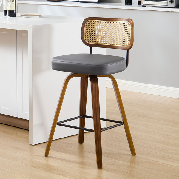 Moravia Bar Stool in Gray Hron Leather, Counter Height, with Rattan Backrest