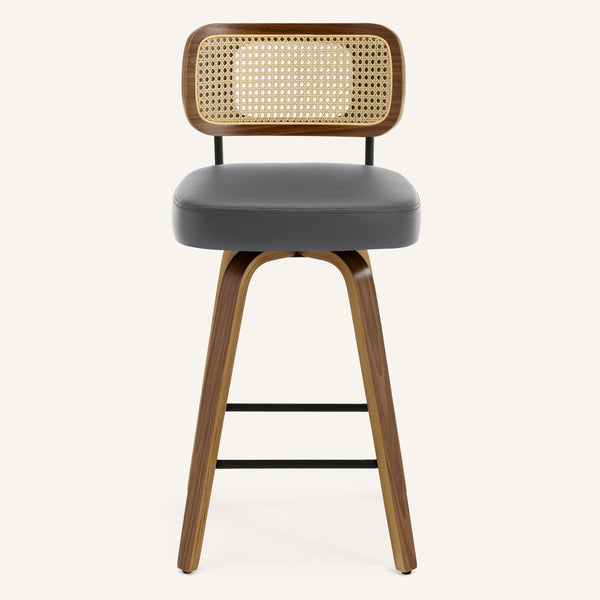 Moravia Bar Stool in Gray Hron Leather, Counter Height, with Rattan Backrest