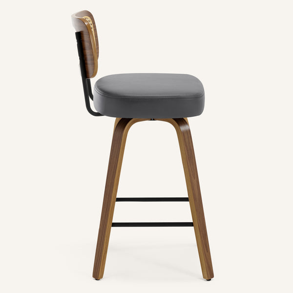 Moravia Bar Stool in Gray Hron Leather, Counter Height, with Rattan Backrest