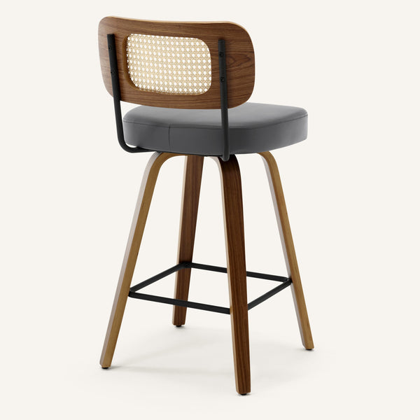 Moravia Bar Stool in Gray Hron Leather, Counter Height, with Rattan Backrest