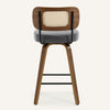 Moravia Bar Stool in Gray Hron Leather, Counter Height, with Rattan Backrest