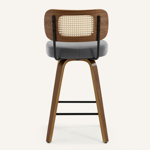 Moravia Bar Stool in Gray Hron Leather, Counter Height, with Rattan Backrest