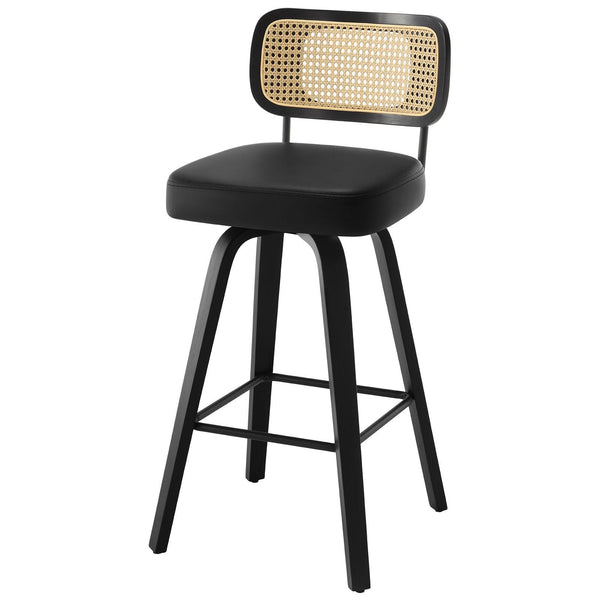 Moravia II Swivel Bar Stool in Black Hron Leather with Rattan Backrest