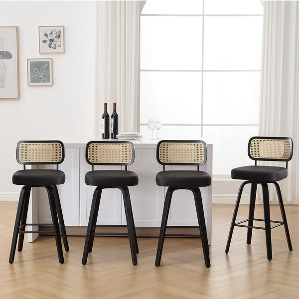 Moravia II Swivel Bar Stool in Black Hron Leather with Rattan Backrest