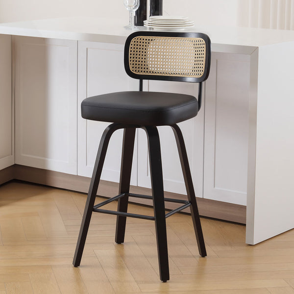 Moravia II Swivel Bar Stool in Black Hron Leather with Rattan Backrest