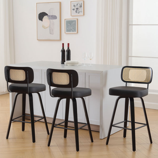 Moravia II Swivel Bar Stool in Black Hron Leather with Rattan Backrest