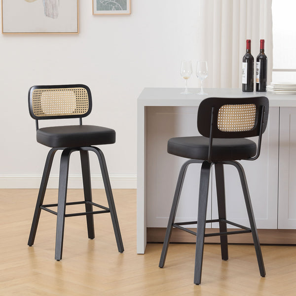 Moravia II Swivel Bar Stool in Black Hron Leather with Rattan Backrest