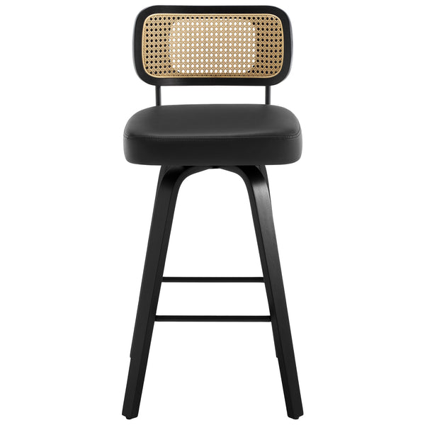 Moravia II Swivel Bar Stool in Black Hron Leather with Rattan Backrest