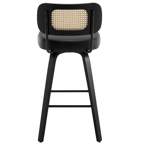 Moravia II Swivel Bar Stool in Black Hron Leather with Rattan Backrest