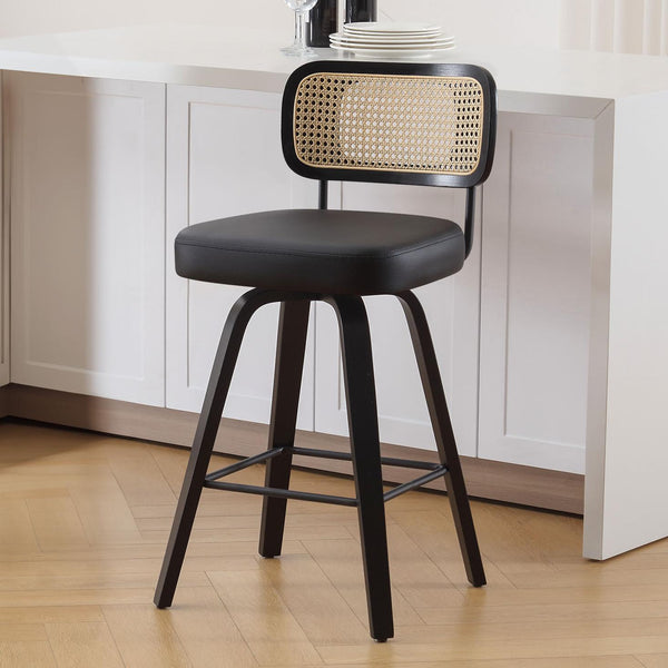 Moravia II Swivel Counter Stool in Black Hron Leather with Rattan Backrest
