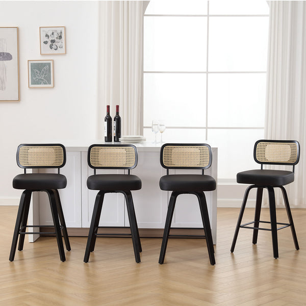 Moravia II Swivel Counter Stool in Black Hron Leather with Rattan Backrest