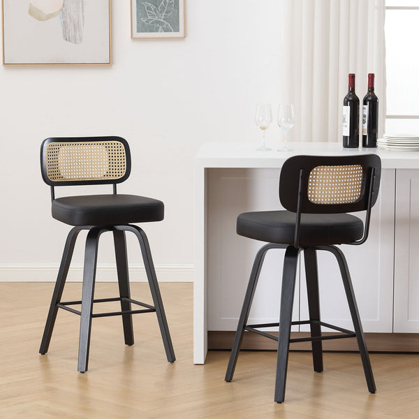Moravia II Swivel Counter Stool in Black Hron Leather with Rattan Backrest