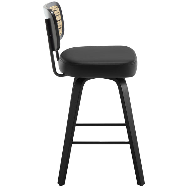 Moravia II Swivel Counter Stool in Black Hron Leather with Rattan Backrest