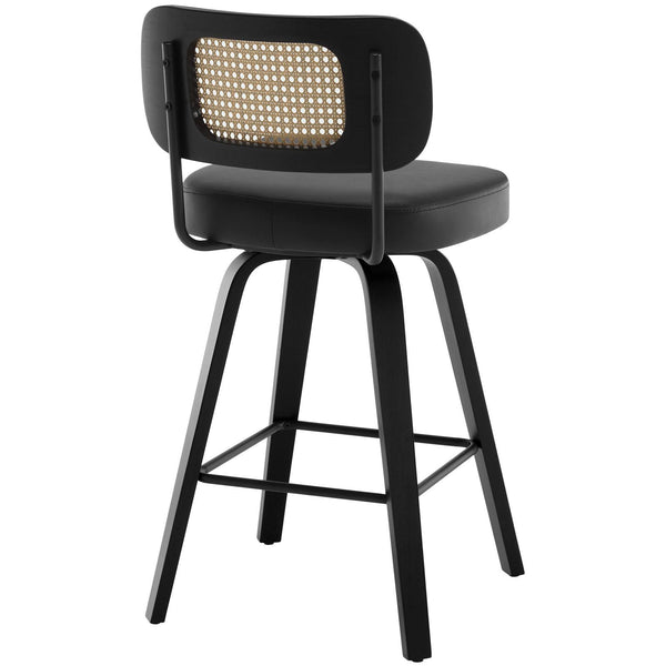 Moravia II Swivel Counter Stool in Black Hron Leather with Rattan Backrest