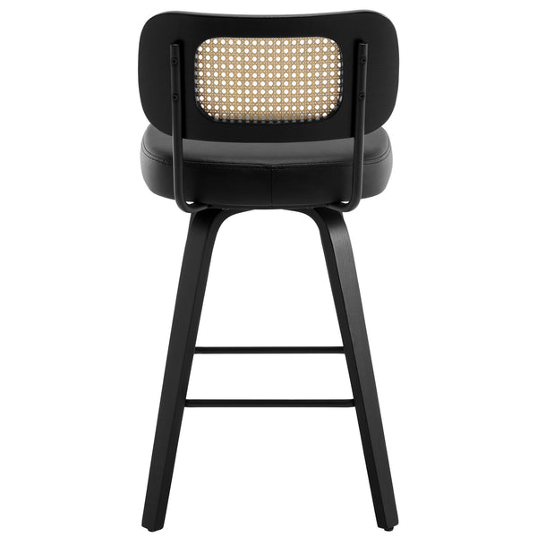 Moravia II Swivel Counter Stool in Black Hron Leather with Rattan Backrest