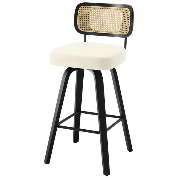 Moravia II Swivel Bar Stool in Cream Hron Leather with Rattan Backrest