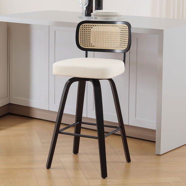 Moravia II Swivel Bar Stool in Cream Hron Leather with Rattan Backrest