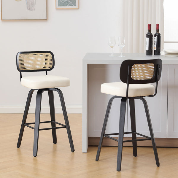 Moravia II Swivel Bar Stool in Cream Hron Leather with Rattan Backrest