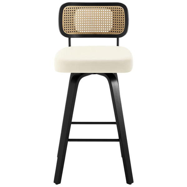 Moravia II Swivel Bar Stool in Cream Hron Leather with Rattan Backrest