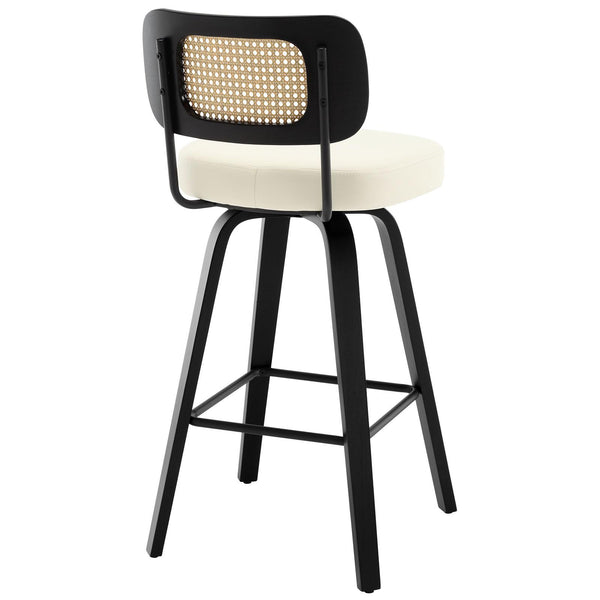 Moravia II Swivel Bar Stool in Cream Hron Leather with Rattan Backrest