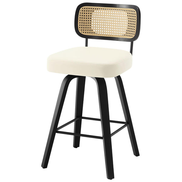 Moravia II Swivel Counter Stool in Cream Hron Leather with Rattan Backrest