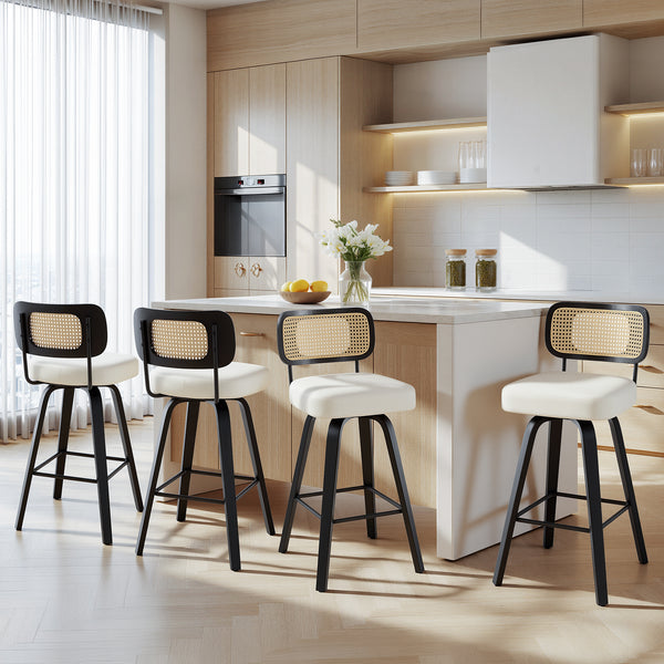 Moravia II Swivel Counter Stool in Cream Hron Leather with Rattan Backrest