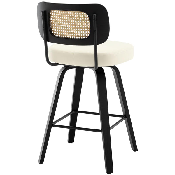 Moravia II Swivel Counter Stool in Cream Hron Leather with Rattan Backrest
