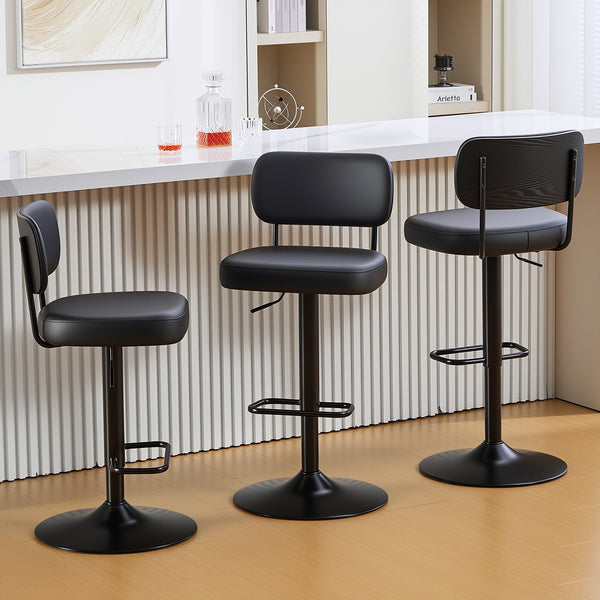 Moravia III Bar Stool in Black Ribol Leather with Leather Backrest, Swivel and Height-adjustable