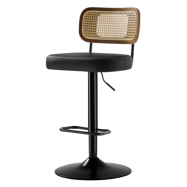 Moravia III Bar Stool in Black Ribol Leather with Rattan Backrest, Swivel and Height-adjustable