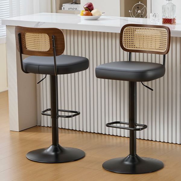 Moravia III Bar Stool in Black Ribol Leather with Rattan Backrest, Swivel and Height-adjustable