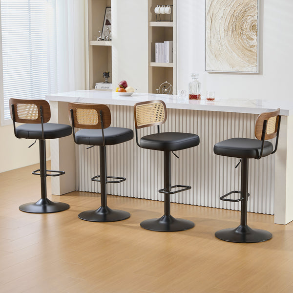 Moravia III Bar Stool in Black Ribol Leather with Rattan Backrest, Swivel and Height-adjustable