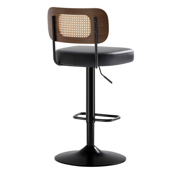 Moravia III Bar Stool in Black Ribol Leather with Rattan Backrest, Swivel and Height-adjustable