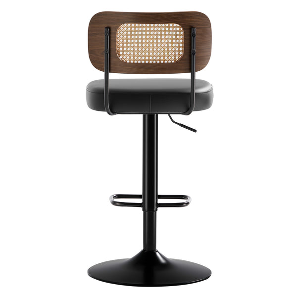 Moravia III Bar Stool in Black Ribol Leather with Rattan Backrest, Swivel and Height-adjustable