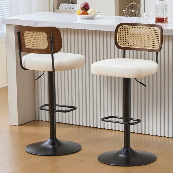 Moravia III Bar Stool in Cream Ribol Leather with Rattan Backrest, Swivel and Height-adjustable
