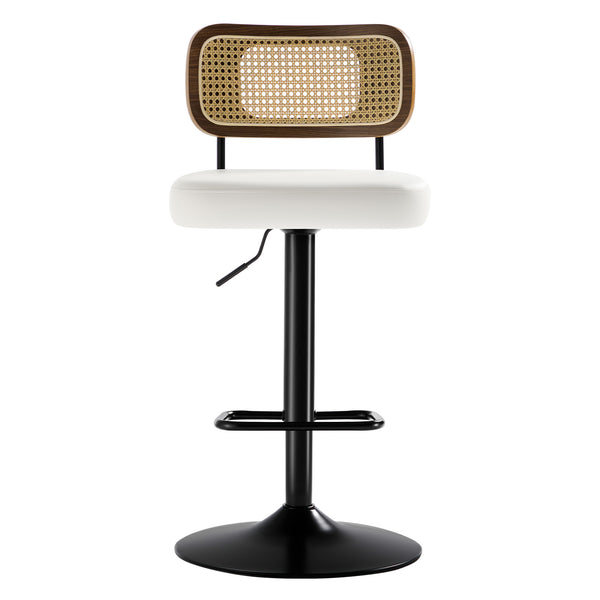 Moravia III Bar Stool in Cream Ribol Leather with Rattan Backrest, Swivel and Height-adjustable