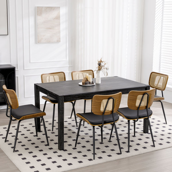 Oatmeal dining chair, Black Hron Leather/Rattan Backrest