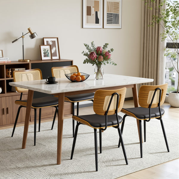 Oatmeal dining chair, Black Hron Leather/Rattan Backrest