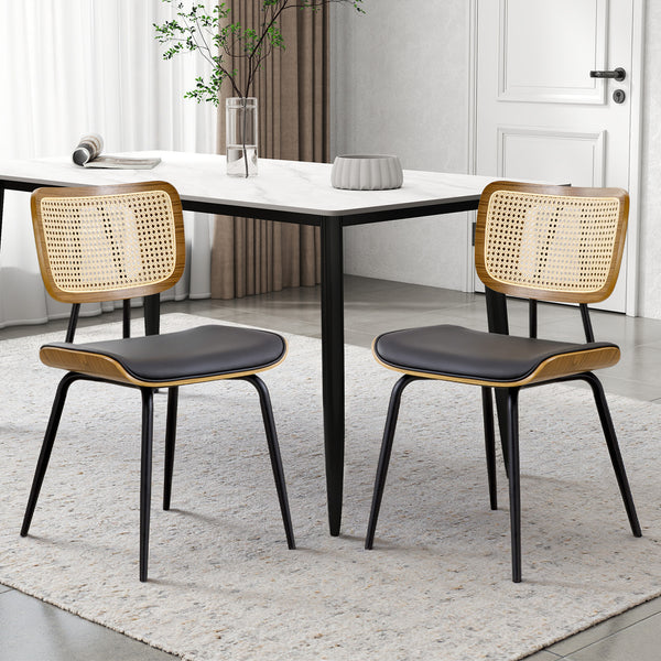 Oatmeal dining chair, Black Hron Leather/Rattan Backrest