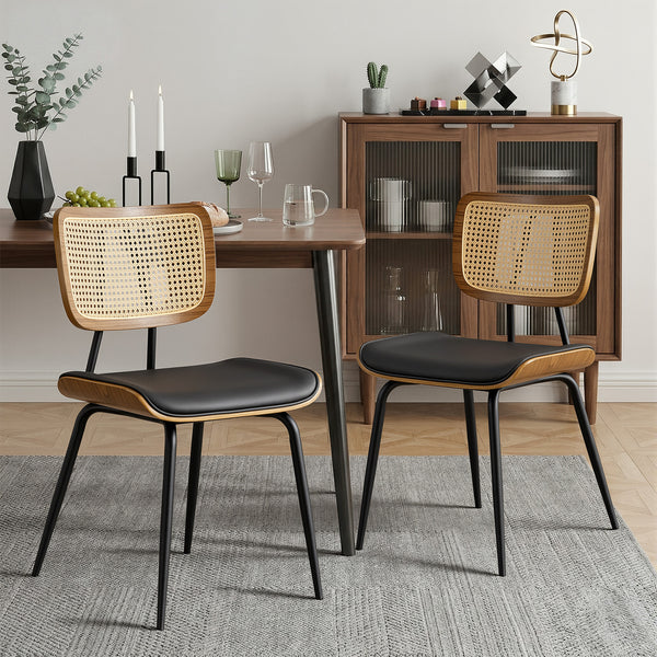 Oatmeal dining chair, Black Hron Leather/Rattan Backrest