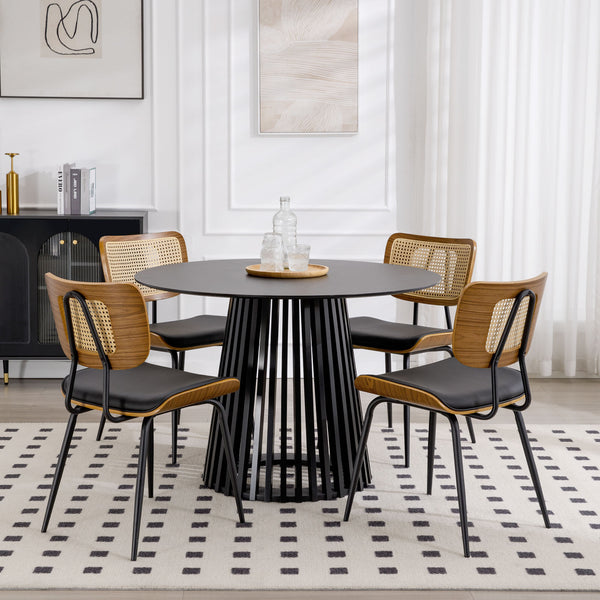 Oatmeal dining chair, Black Hron Leather/Rattan Backrest