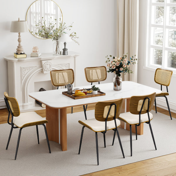 Oatmeal dining chair, Cream Hron Leather/Rattan Backrest