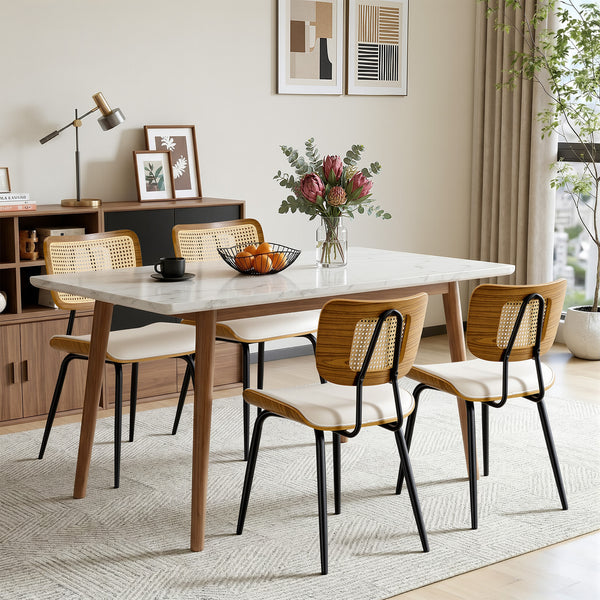 Oatmeal dining chair, Cream Hron Leather/Rattan Backrest