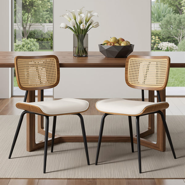 Oatmeal dining chair, Cream Hron Leather/Rattan Backrest