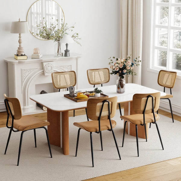 Oatmeal dining chair in Mud Hans Leather, Rattan Backrest