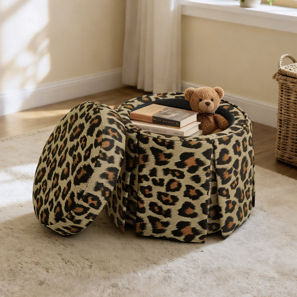 Vugava Ottoman with Storage in Leopard Fabric