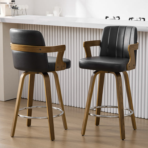 Zelen Swivel Counter Stool in Black Rebo Leather with Leather Backrest