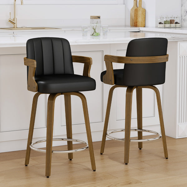 Zelen Swivel Counter Stool in Black Rebo Leather with Leather Backrest