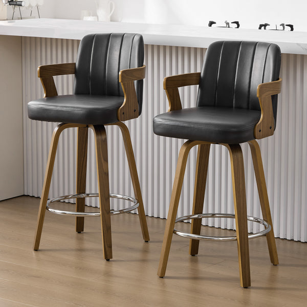 Zelen Swivel Counter Stool in Black Rebo Leather with Leather Backrest