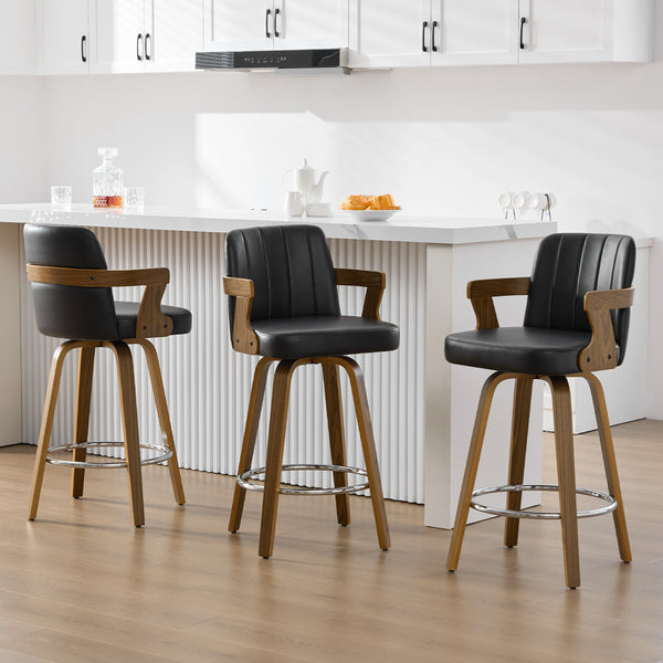 Zelen Swivel Counter Stool in Black Rebo Leather with Leather Backrest