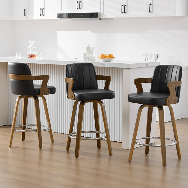 Zelen Swivel Counter Stool in Black Rebo Leather with Leather Backrest
